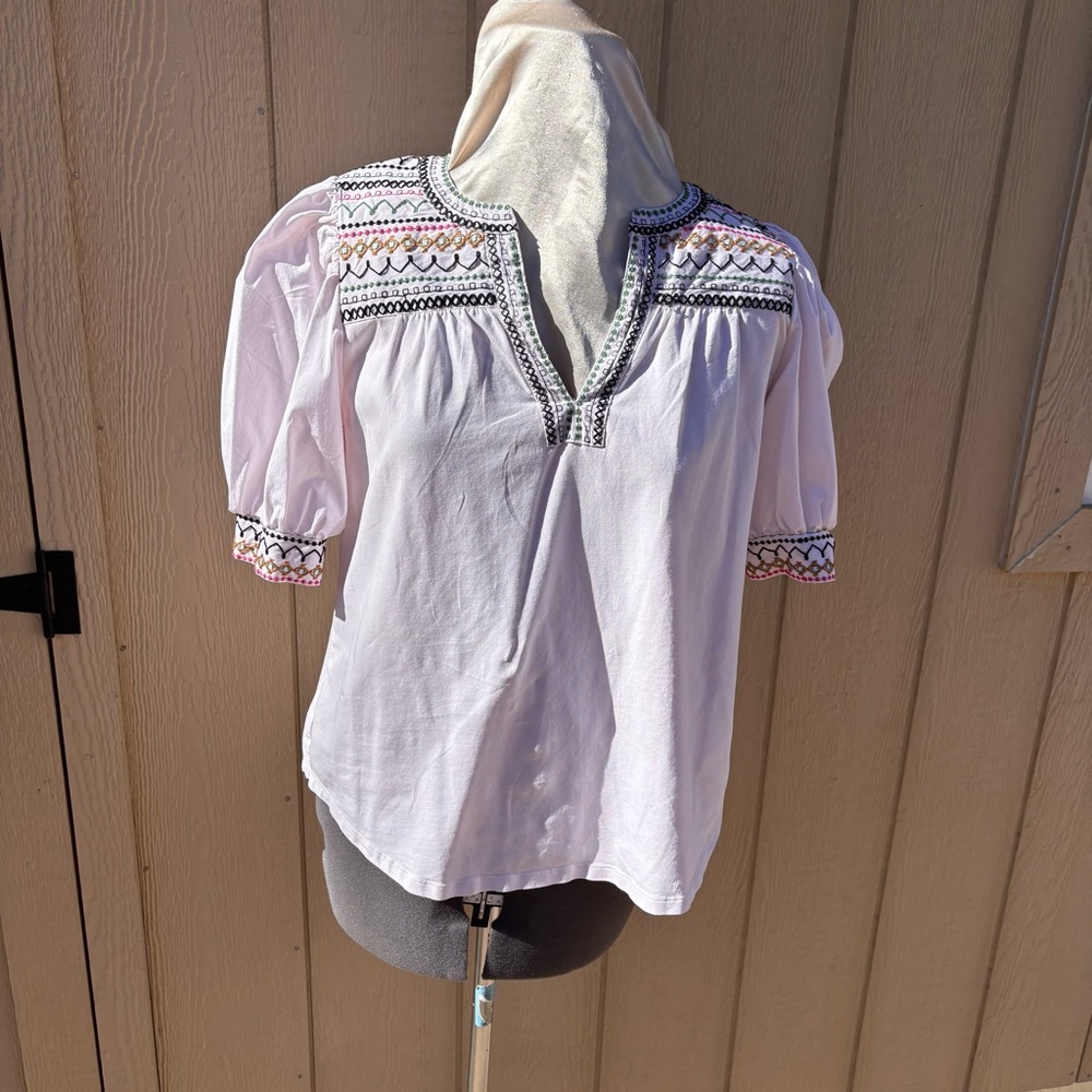 Chicos Embroidered Henley Puff Sleeve Tee